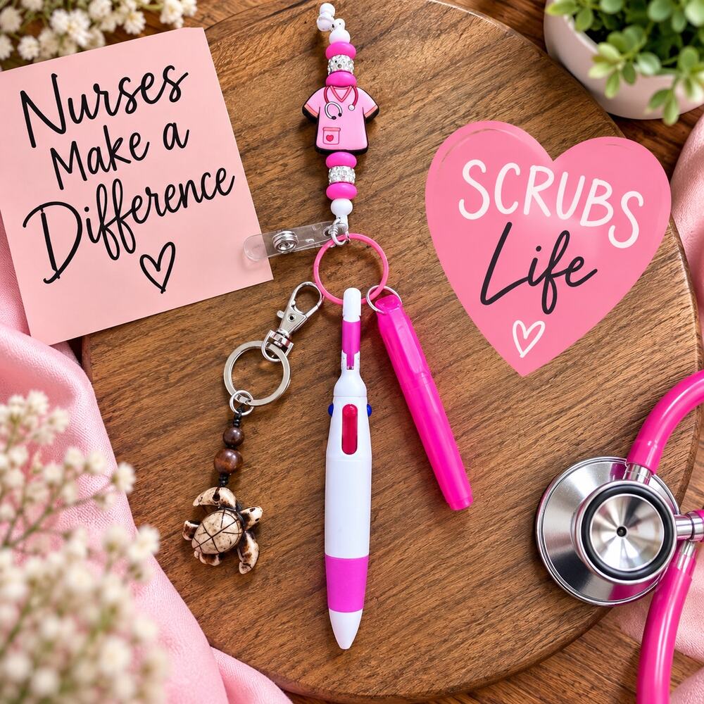 Pink Nurse Badge Reel Keychain Set with Pen Highlighter & Beaded Scrub Charm